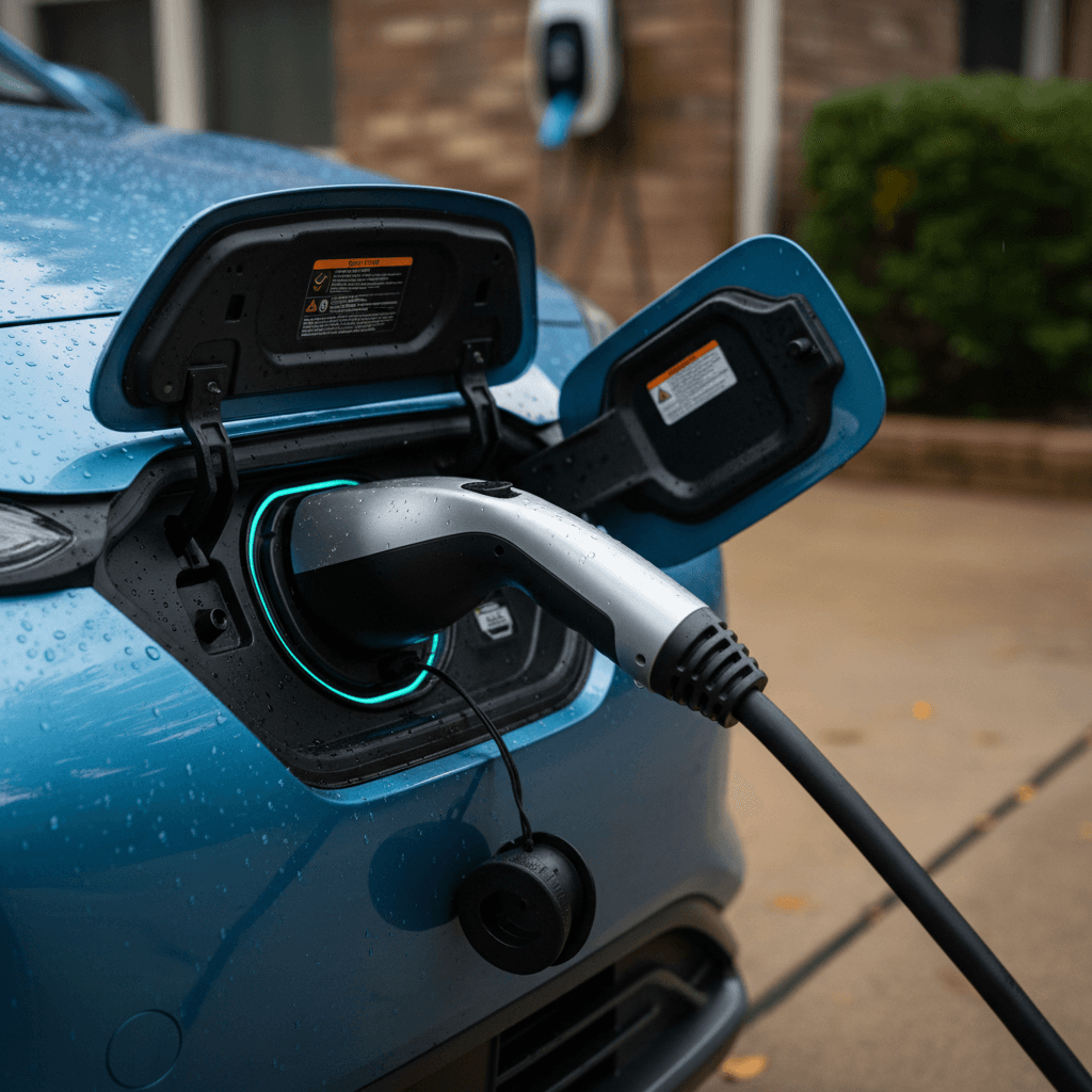 Hyundai Kona Electric plugged into a Level 2 wallbox charger in a home garage