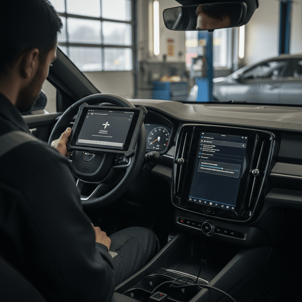 Polestar technician performing a software update on a Polestar 2 using a diagnostic tablet next to the vehicle