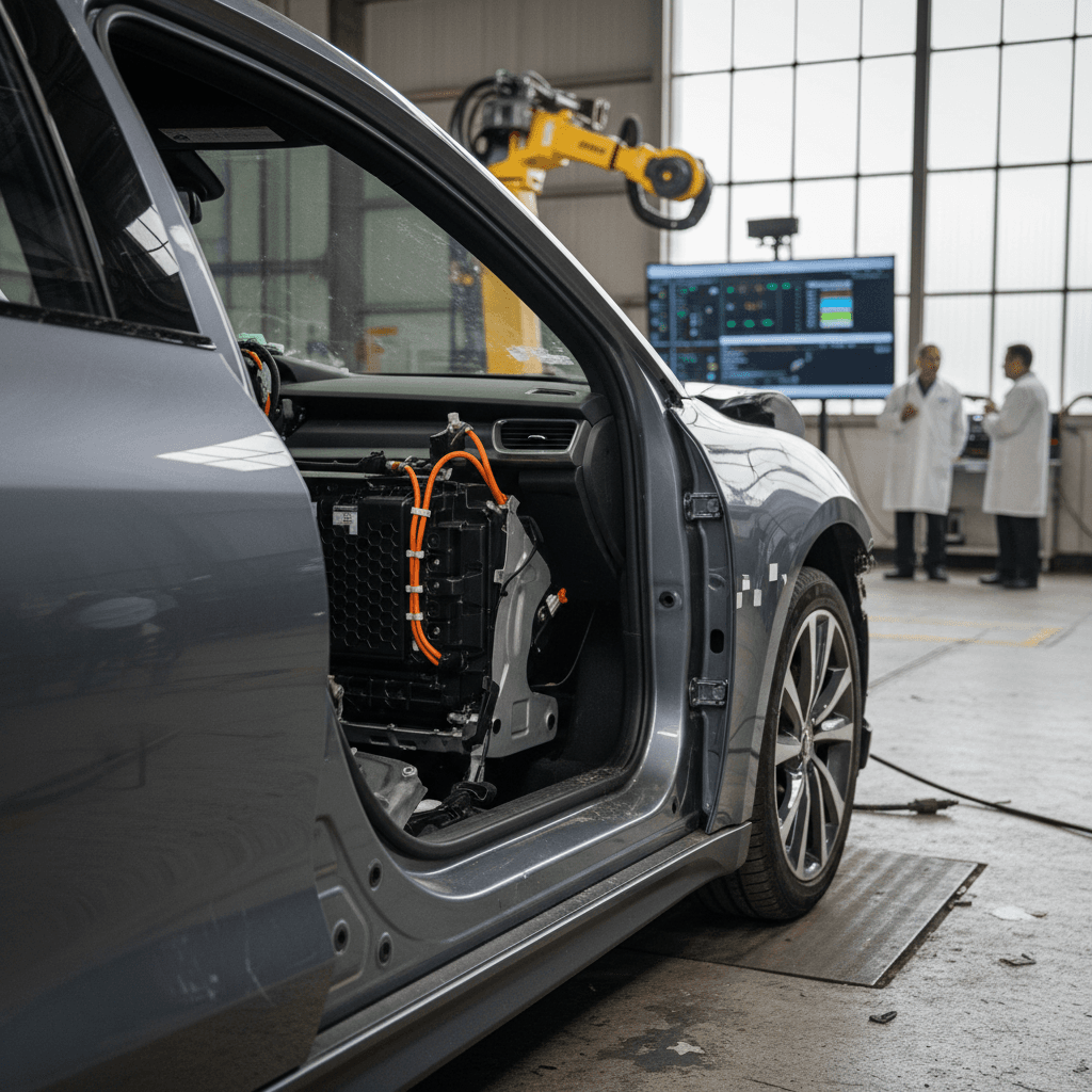 Electric car undergoing a controlled crash test in a safety laboratory
