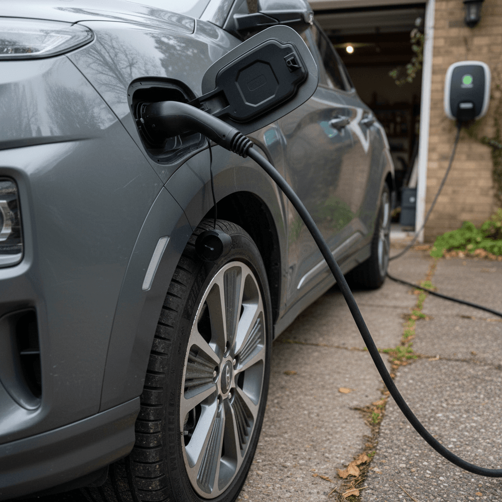 2021 Hyundai Kona Electric plugged into a Level 2 home charger, showing the charging port and wheel close up