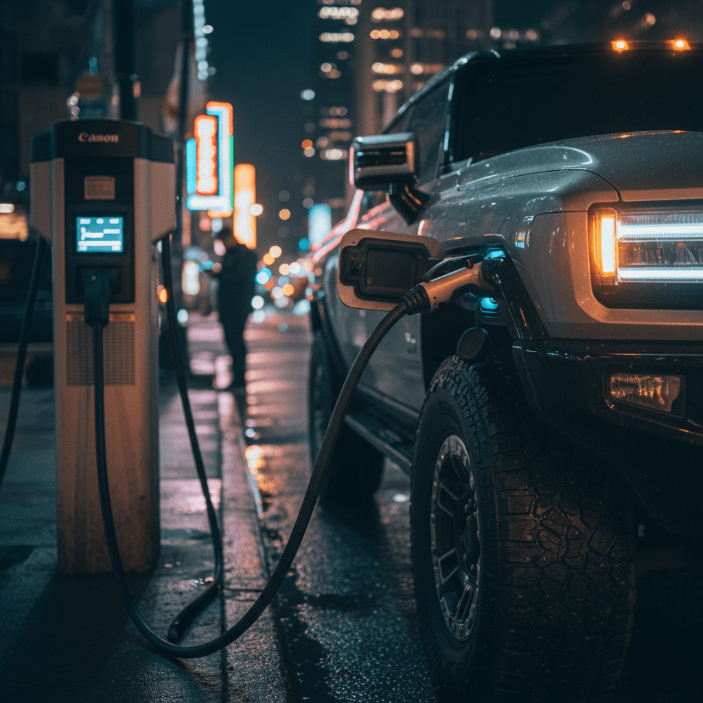 GMC Hummer EV pickup plugged into a DC fast charger at night in a city parking lot