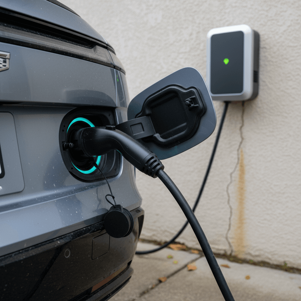 2023 Cadillac Lyriq plugged into a home Level 2 EV charger in a modern garage