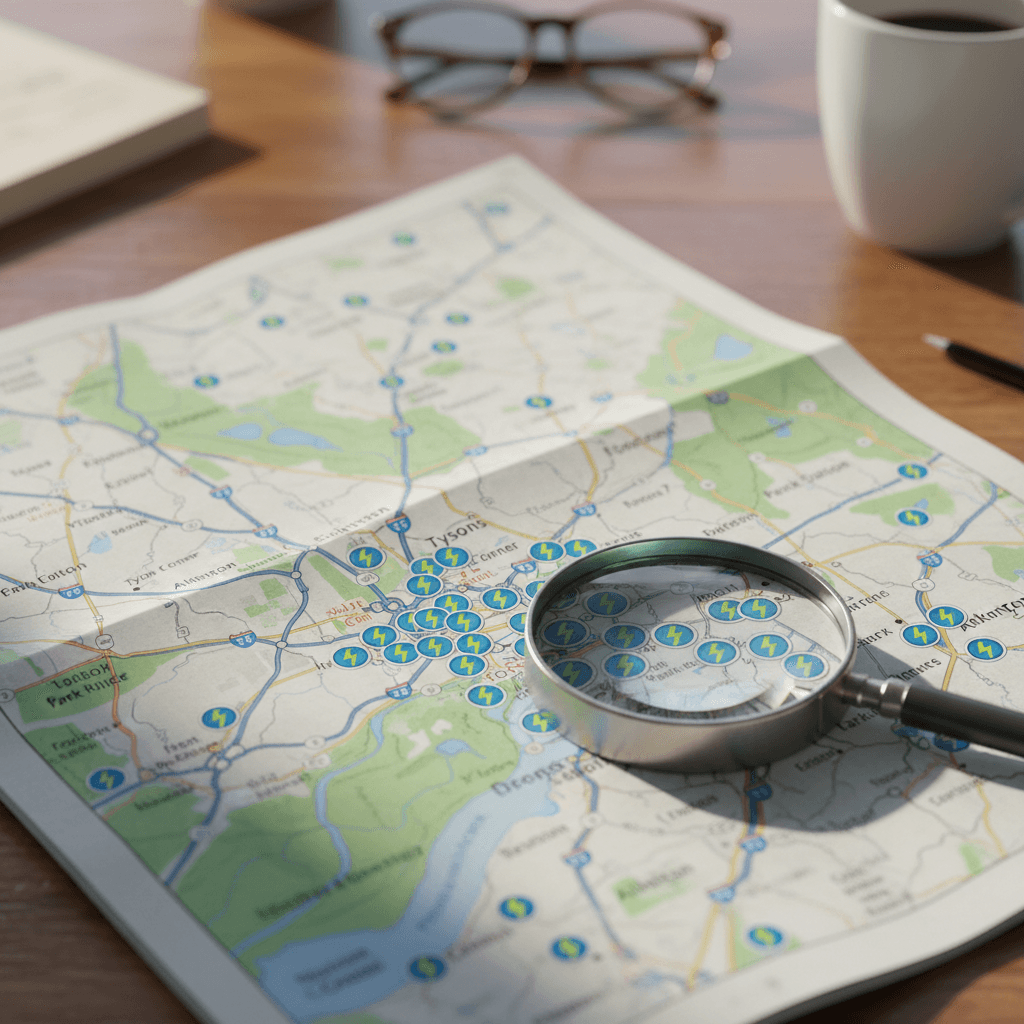 Stylized map of Northern Virginia showing clusters of EV charging stations around major highways and town centers