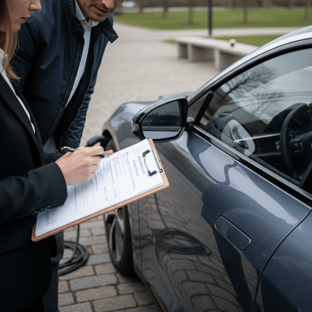 Insurance agent reviewing coverage options with a Lucid Air owner next to the car