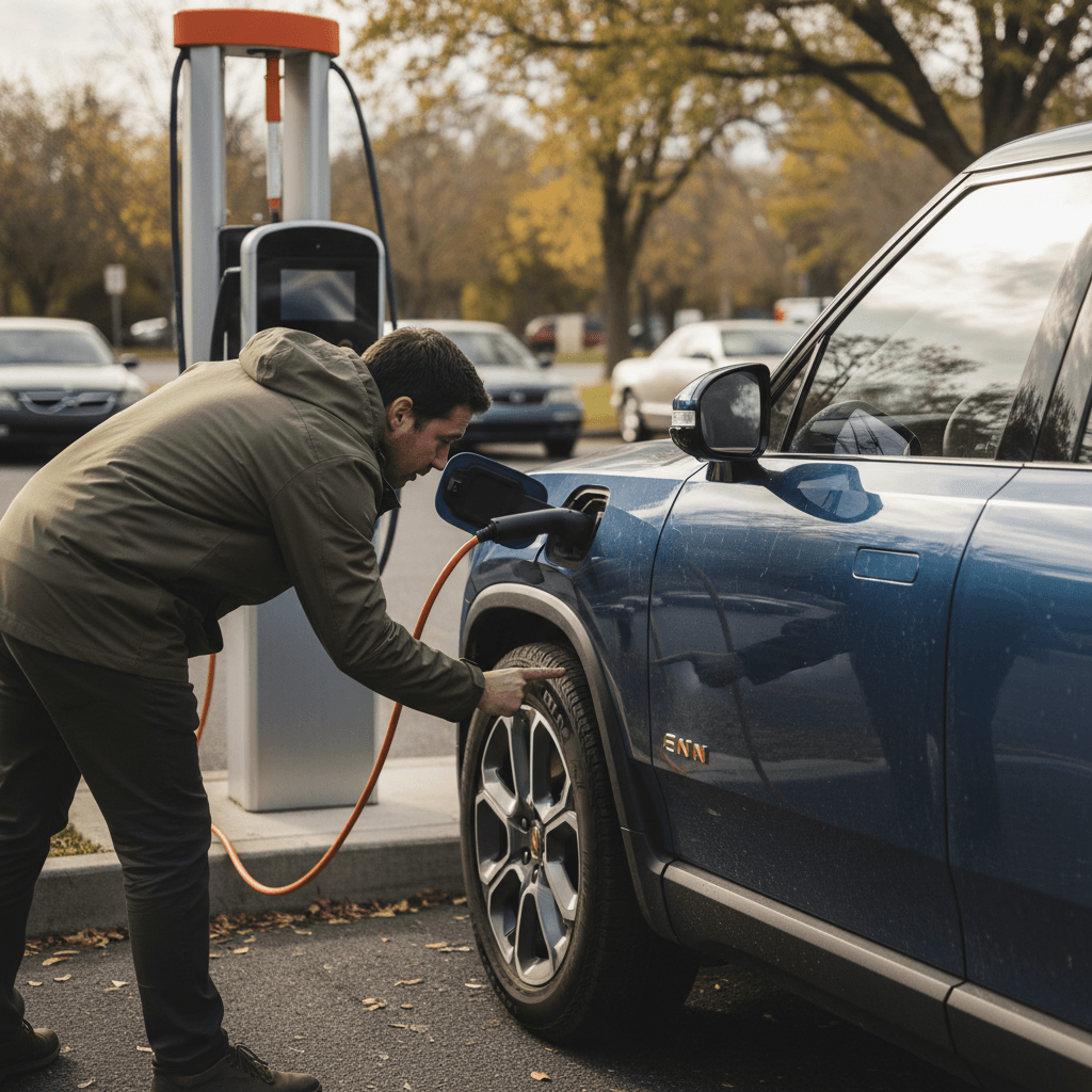 Owner inspecting a used Rivian R1S at a public charging station, checking condition and details