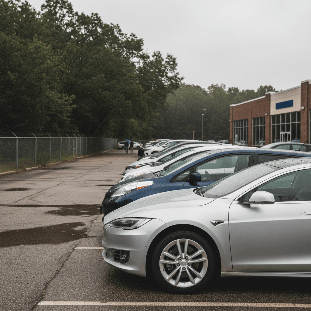 Row of used electric vehicles parked at a dealership in the Research Triangle, with price stickers visible on the windshields