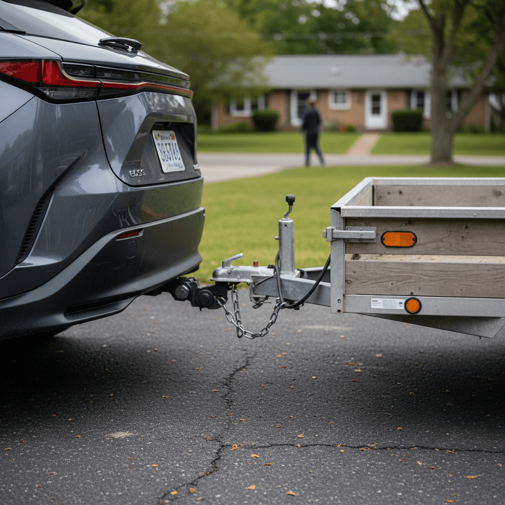 Lexus RZ 450e with a hitch and a small utility trailer attached in a residential driveway
