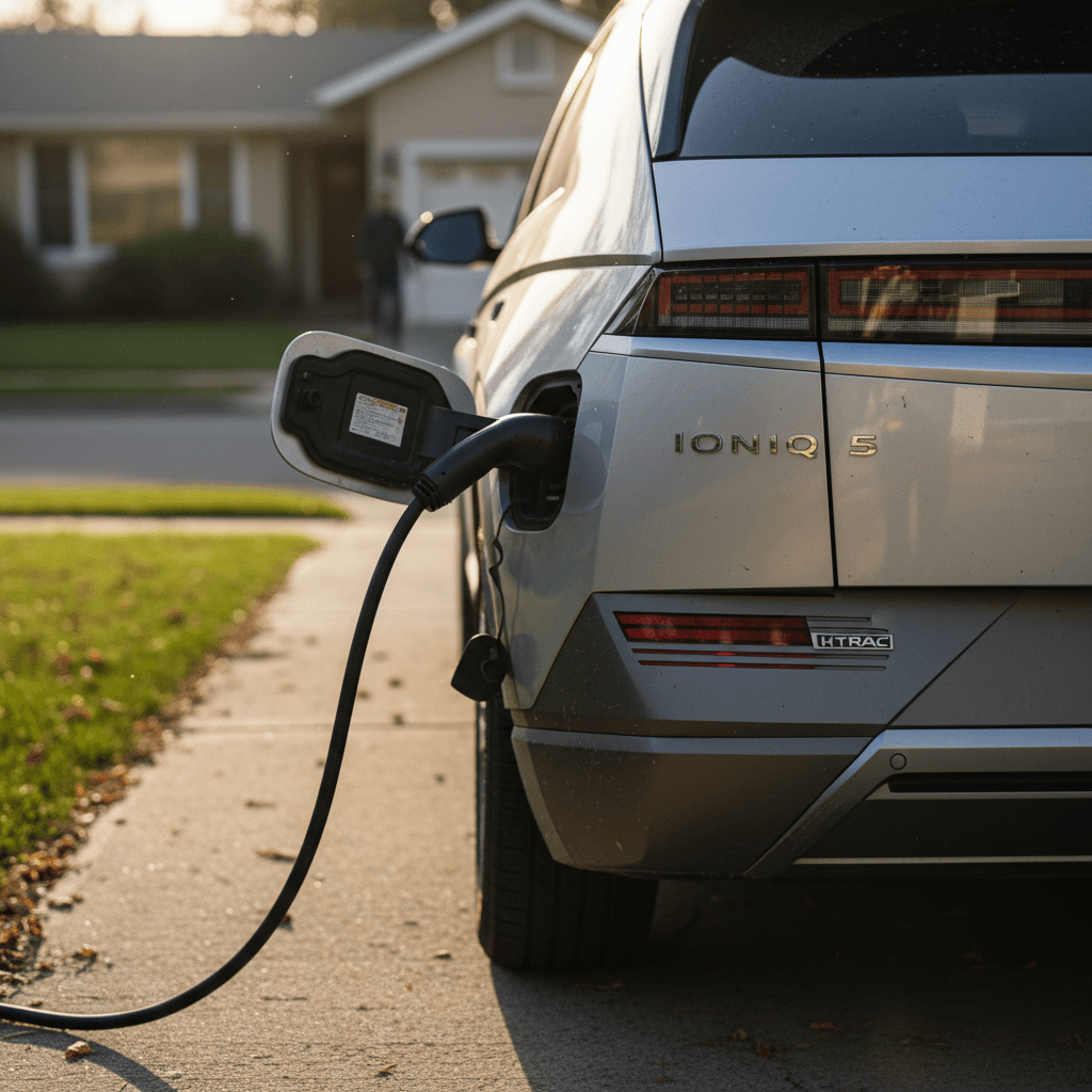 2025 Hyundai Ioniq 5 parked in a driveway plugged into a home charger, ready to be photographed and sold