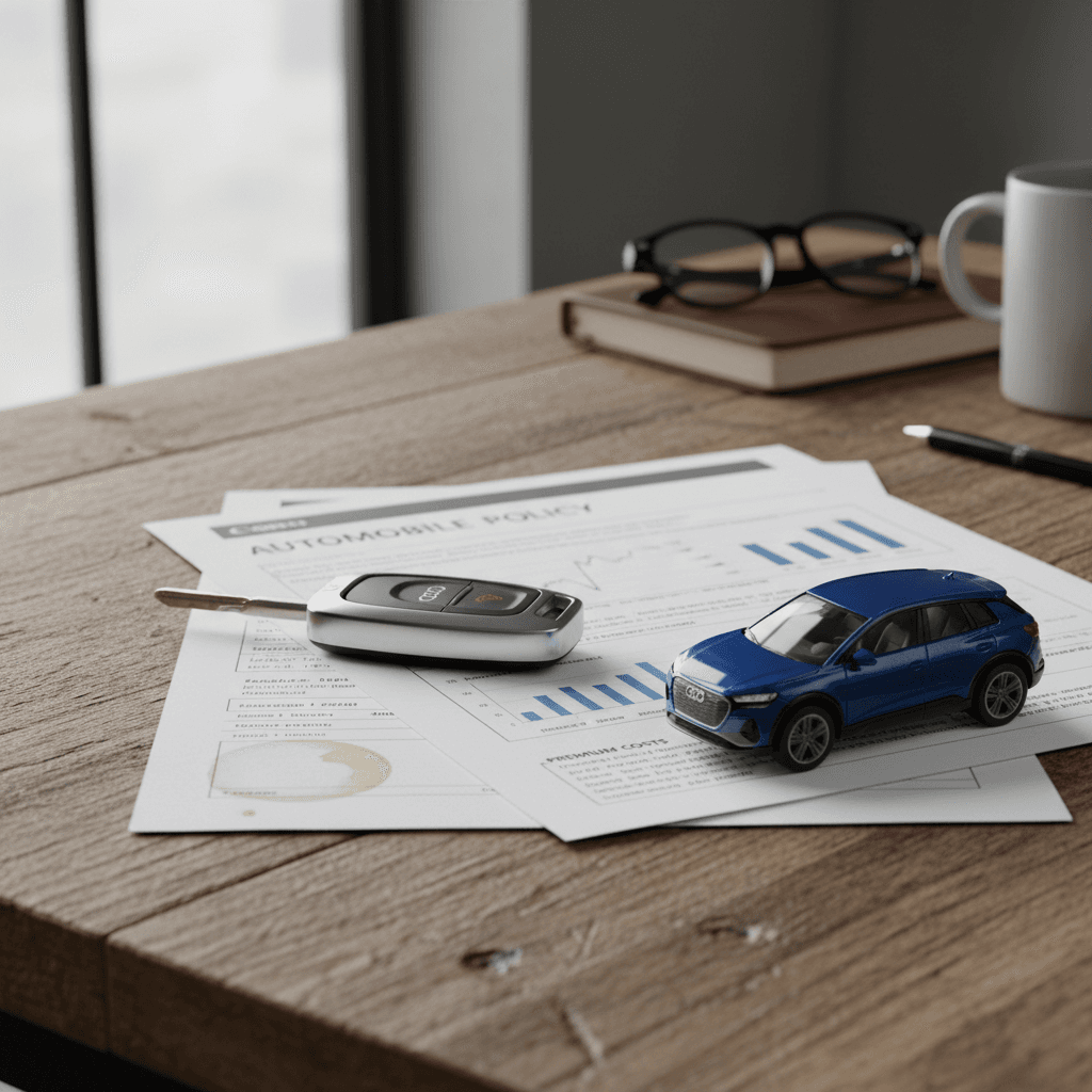 Insurance paperwork, car key, and a small electric SUV model on a desk, symbolizing Audi Q4 e-tron insurance decisions