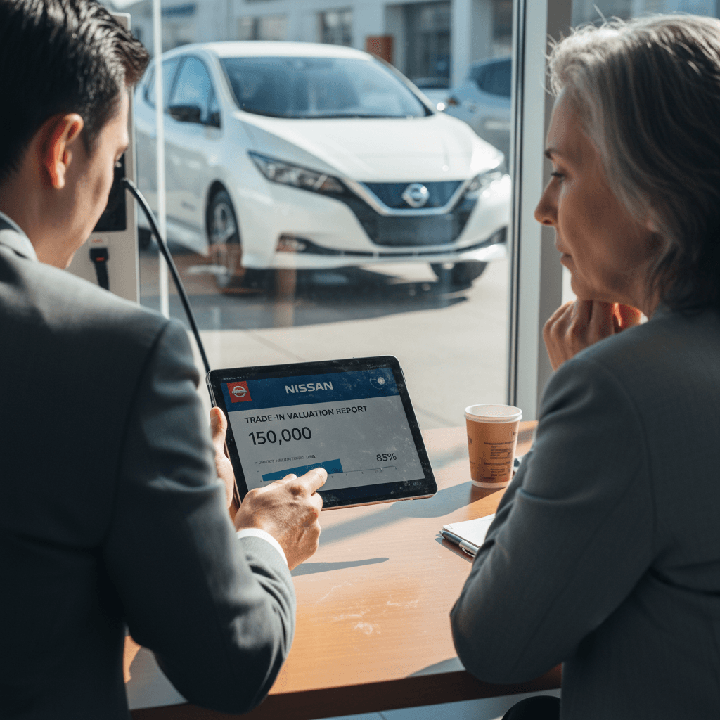 Customer reviewing 2024 Nissan Leaf trade-in estimate and detailed battery health report on a tablet with salesperson