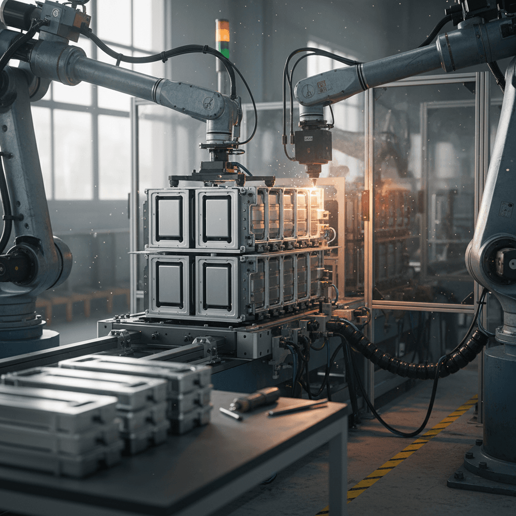 Closeup view of an EV battery manufacturing line with modules on a conveyor