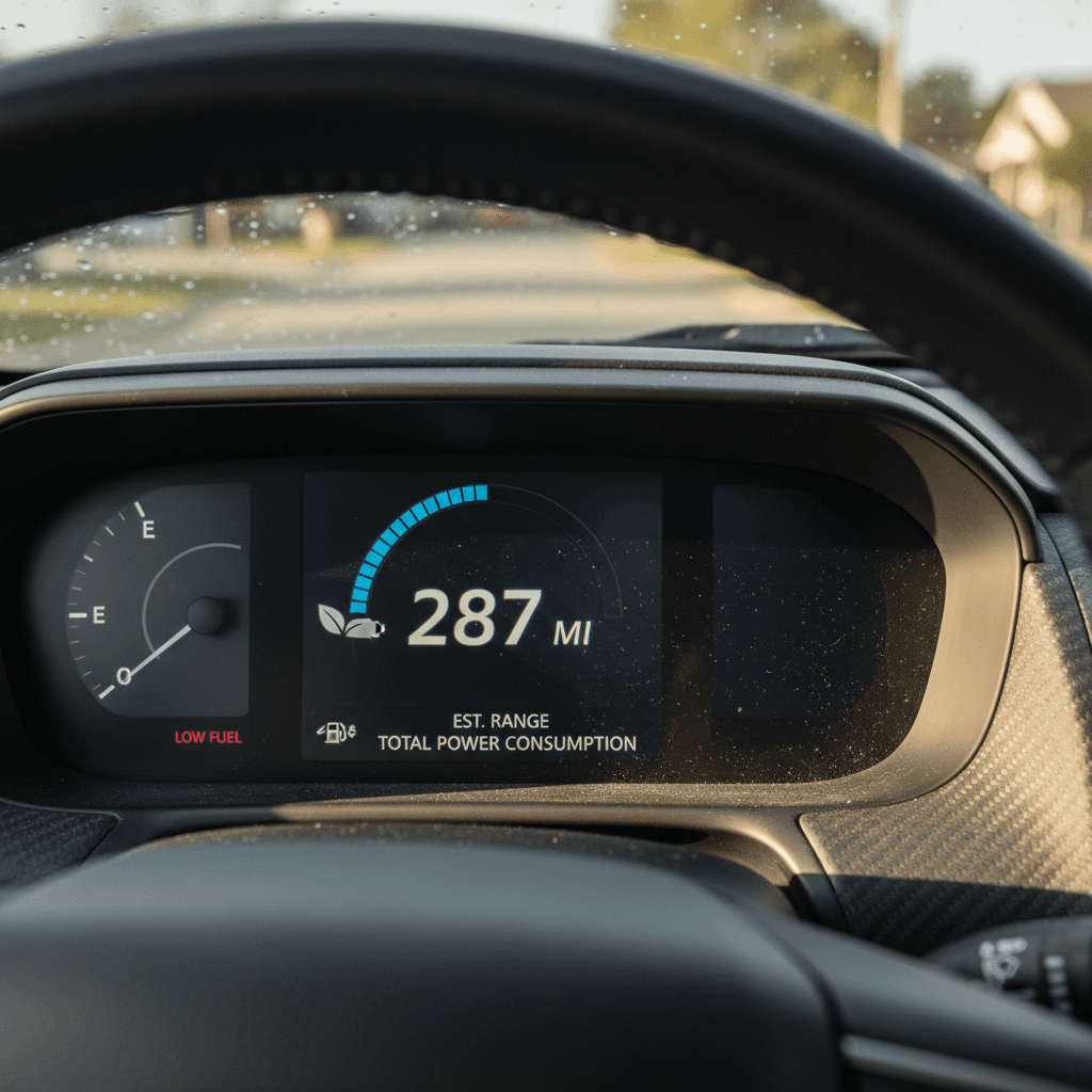 Closeup of an electric car dashboard showing battery range and energy usage