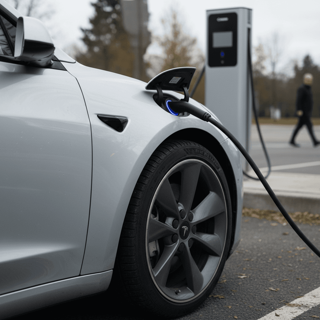 Tesla Model 3 charging at a public station, highlighting charging port and rear wheel