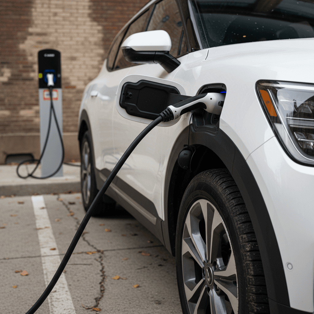 Blue Kia EV9-style electric SUV parked with all three rows of seats visible through the windows