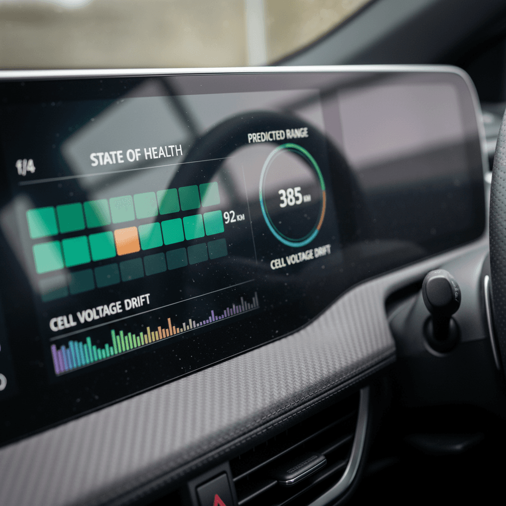 Closeup of an EV dashboard showing battery state of charge and remaining range