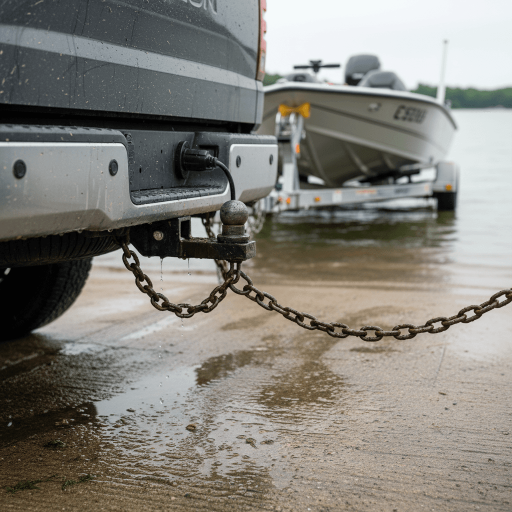 Electric vehicle backing a boat trailer down a wet concrete boat ramp with brake lights on