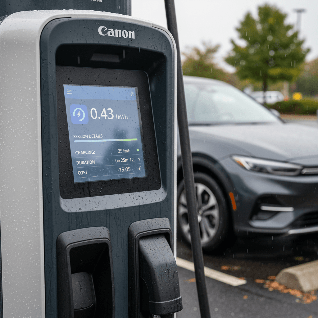 Close view of an Electrify America charger screen showing price per kWh and session energy delivered