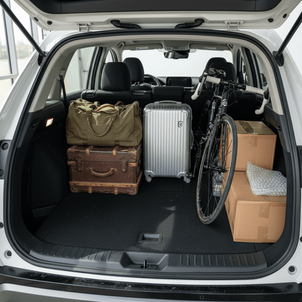 Nissan Ariya cargo area with rear seats folded flat and loaded with luggage and a bicycle