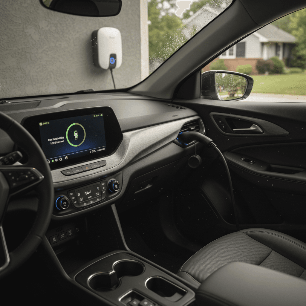2025 Chevrolet Equinox EV charging on a Level 2 home charger in a driveway