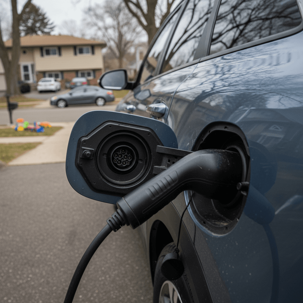 2023 Kia Niro EV plugged in at a home charger, highlighting its appeal as a used electric crossover