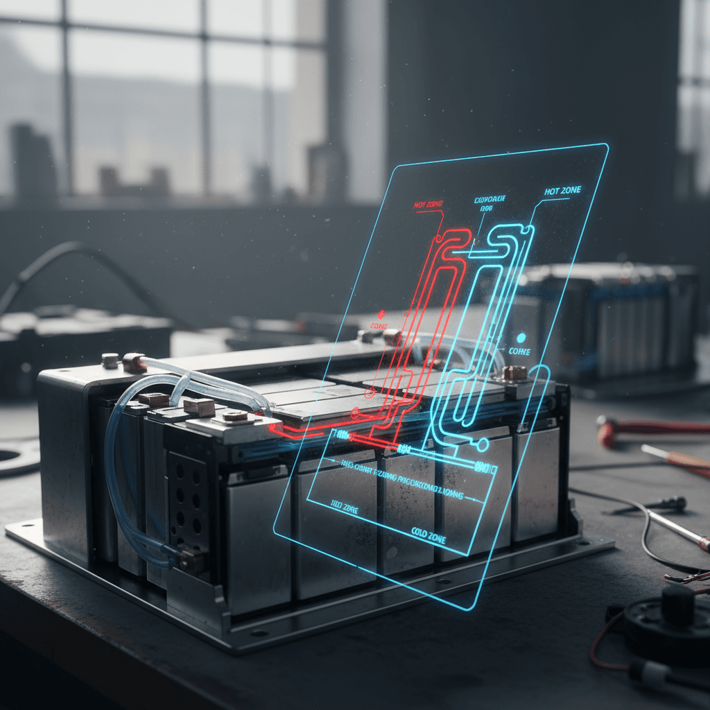 Diagram of an EV battery pack with hot and cold zones highlighted to show how preconditioning brings temperature into an optimal band before fast charging.