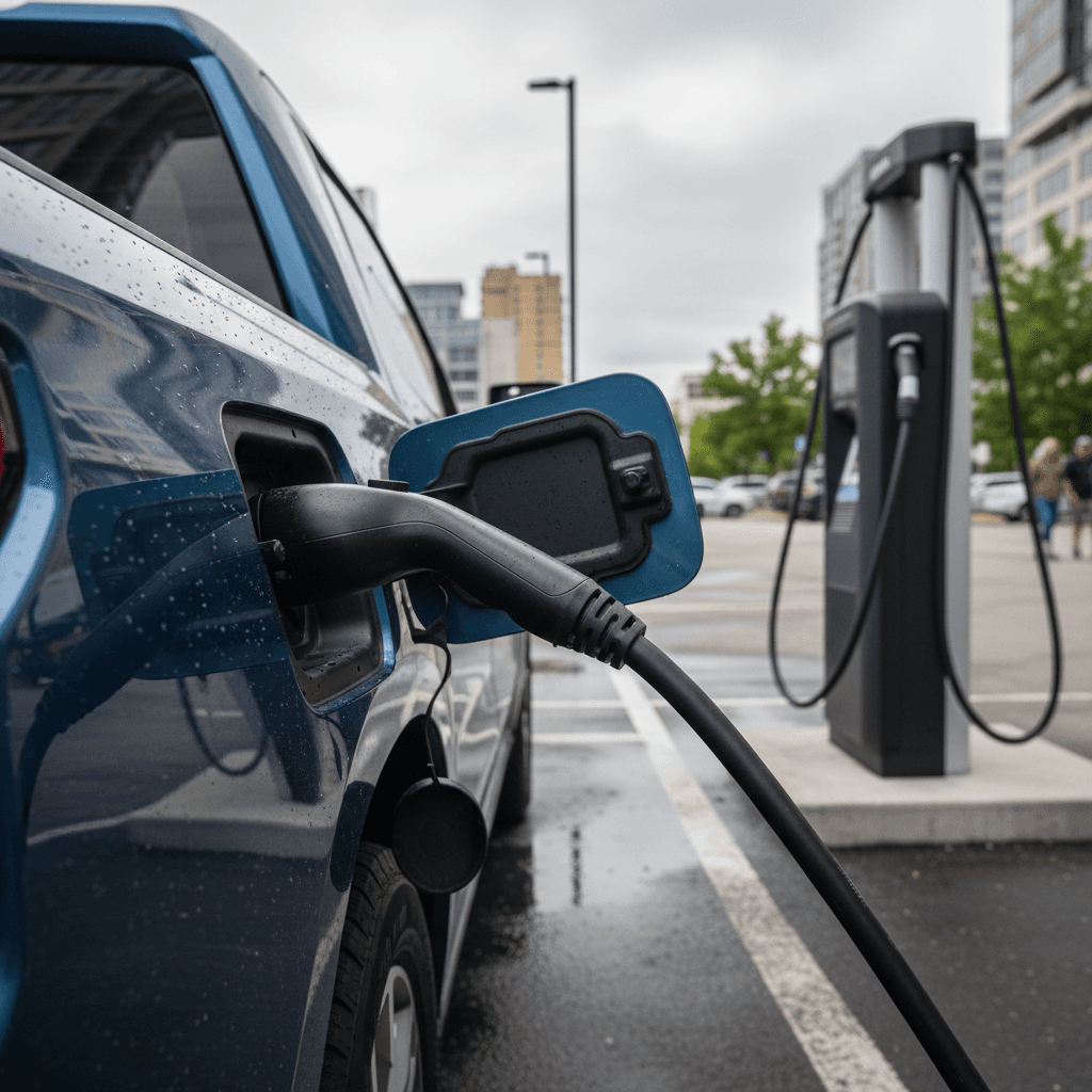 Chevrolet Silverado EV plugged into a fast charger with driver checking battery status on a phone