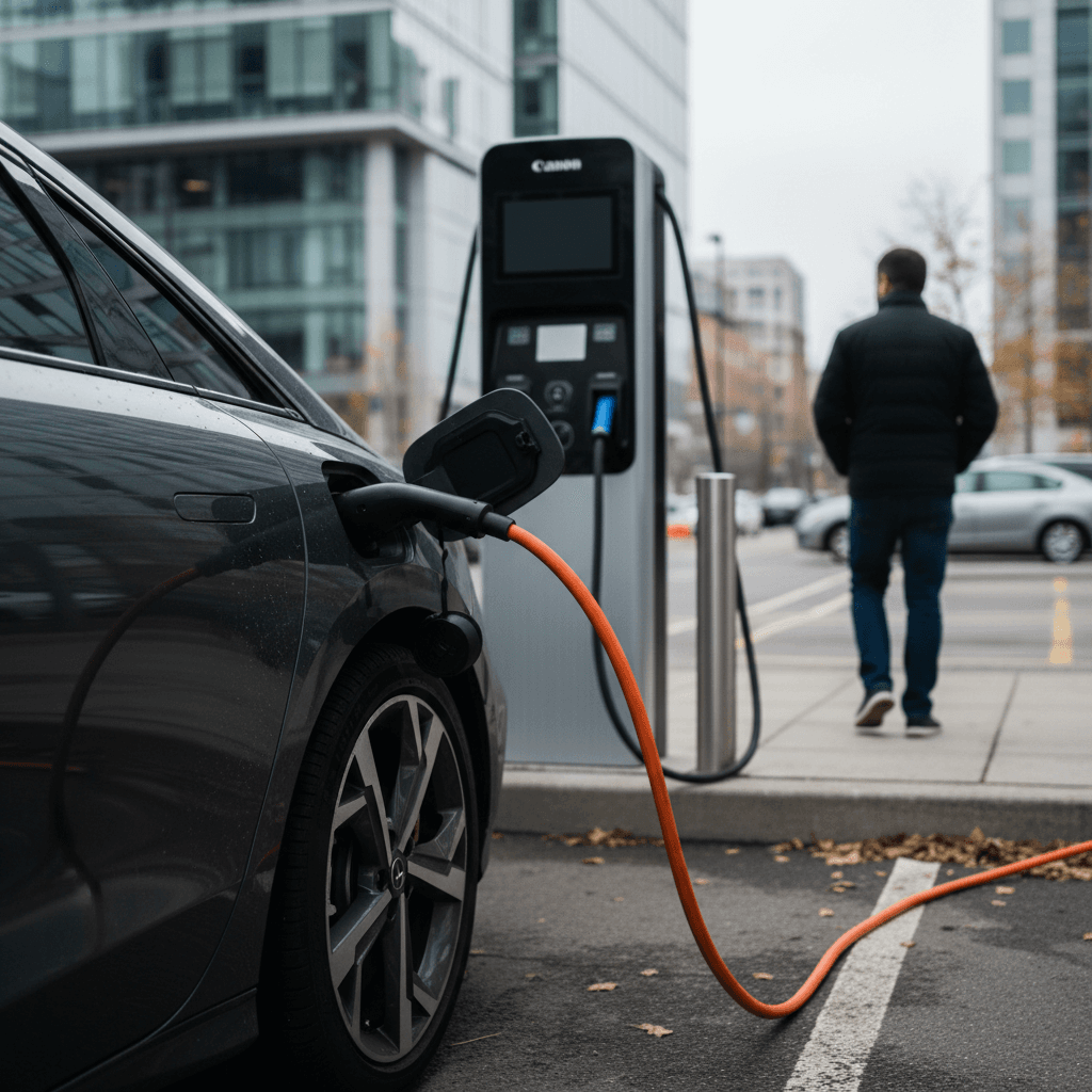 Hyundai IONIQ 6 charging at a public DC fast charger in a city parking lot
