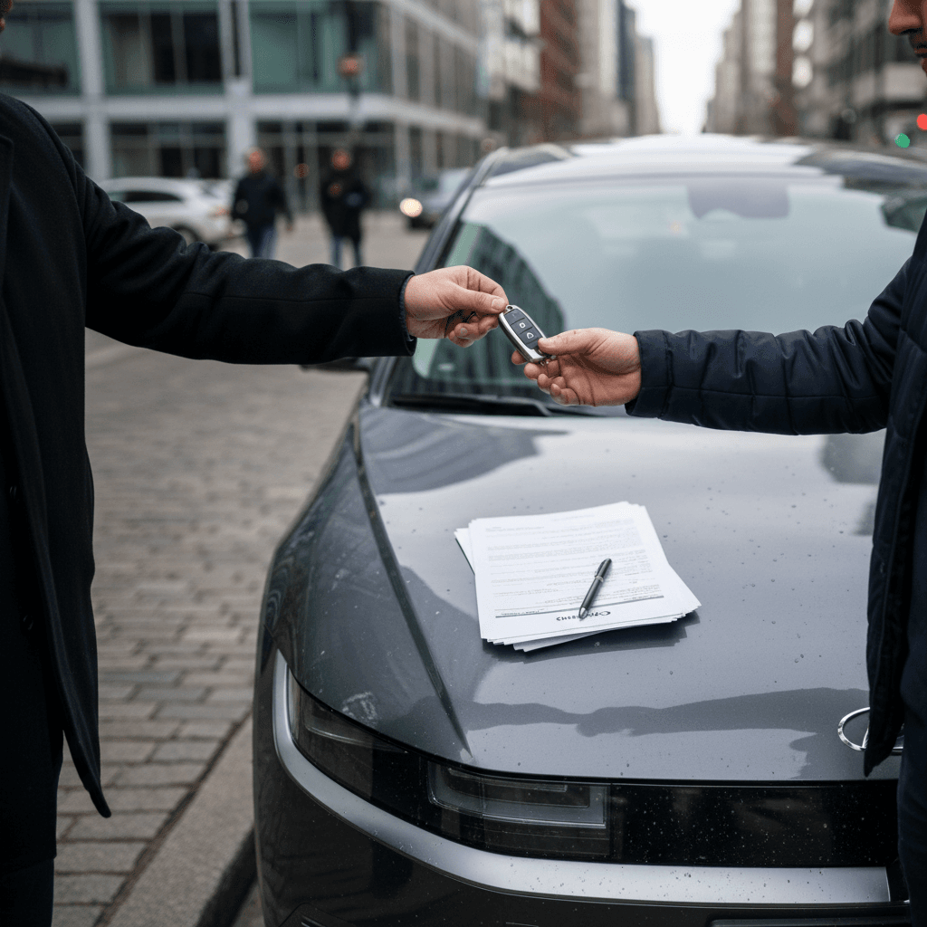 Seller and buyer standing next to a Hyundai IONIQ 5 reviewing paperwork and battery health details before completing a used EV sale