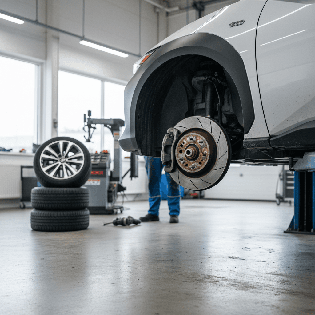 Technician rotating tires on a Toyota bZ4X while inspecting brake components in a service bay