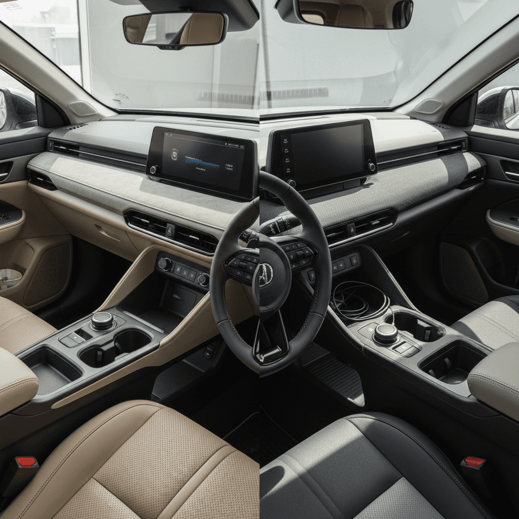 Interior view comparing a Honda Prologue and Toyota bZ4X with focus on seating space and dashboard design