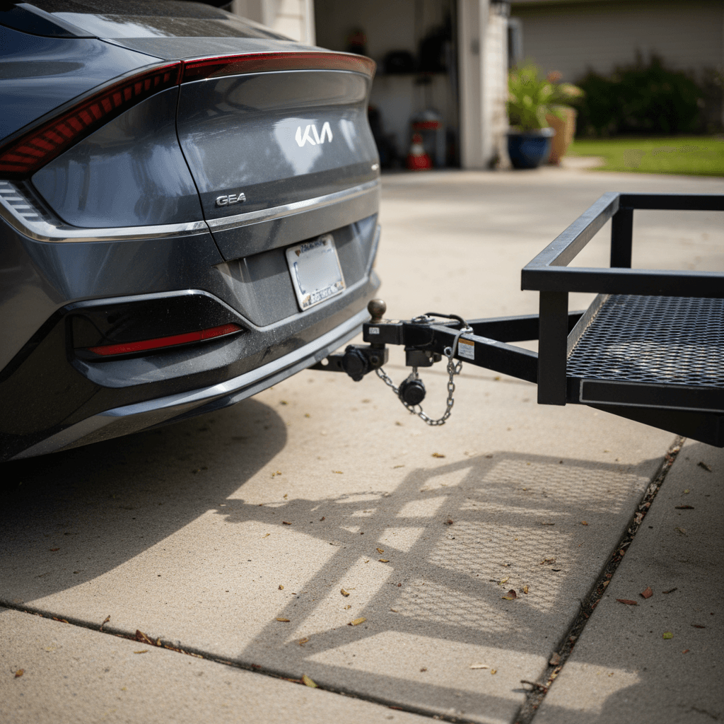 Kia EV6 rear with factory tow hitch connected to a small utility trailer in a driveway