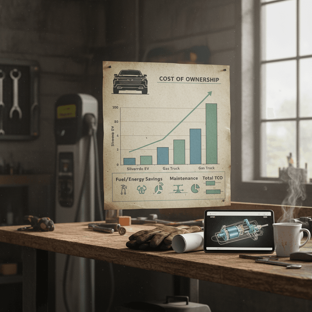 Illustrated comparison of Chevrolet Silverado EV costs broken down by category over 5 years