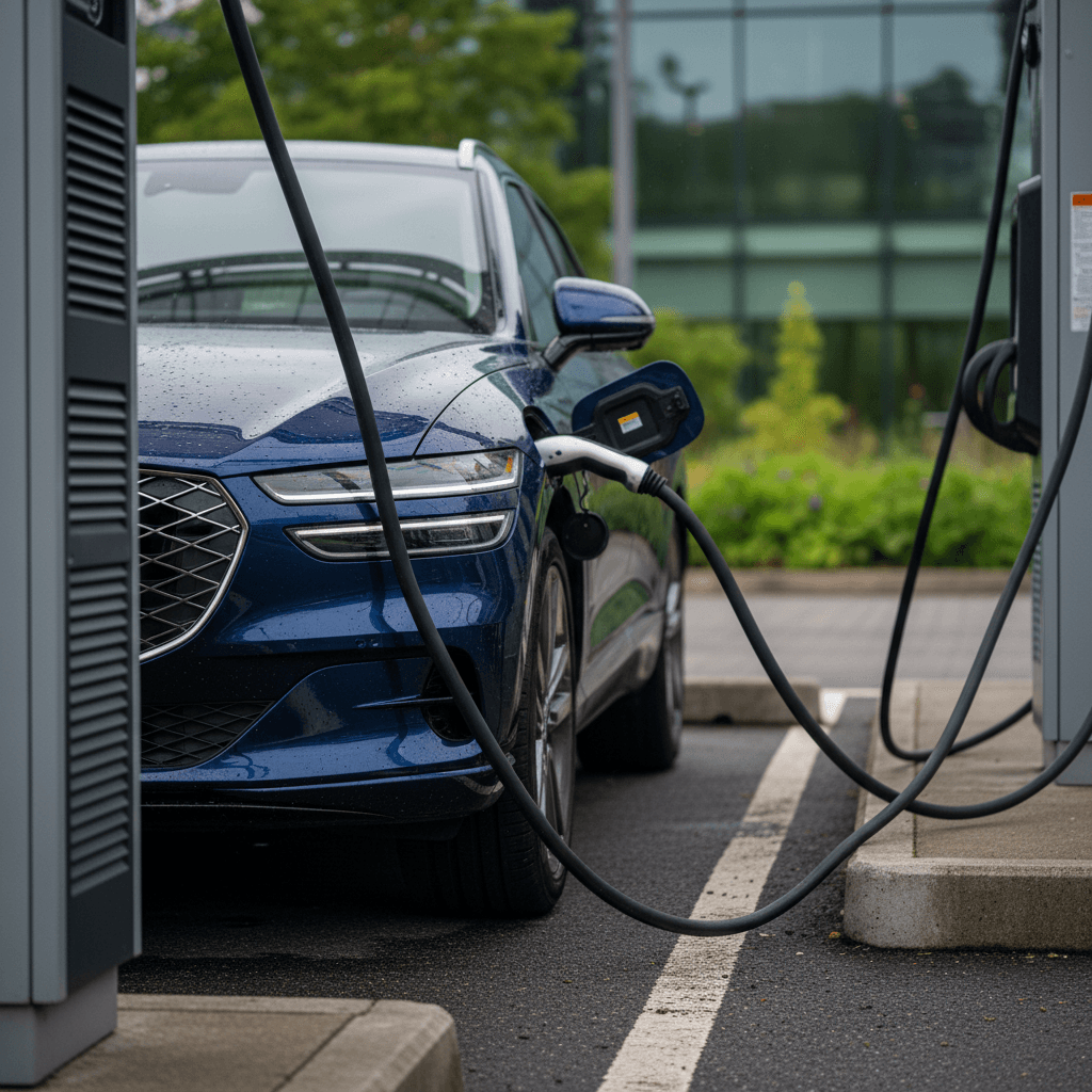 Genesis GV60 charging at a DC fast charger, highlighting the front design and charging cable