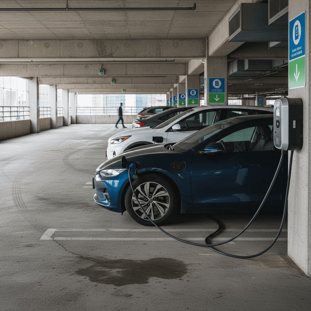 Interior of a downtown Minneapolis parking ramp with several electric vehicles parked at level 2 charging stations along a wall.