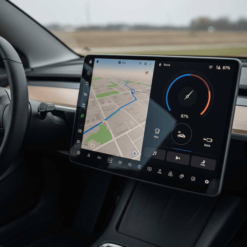 Modern electric car interior at night showing a large central touchscreen with navigation, media, and vehicle controls