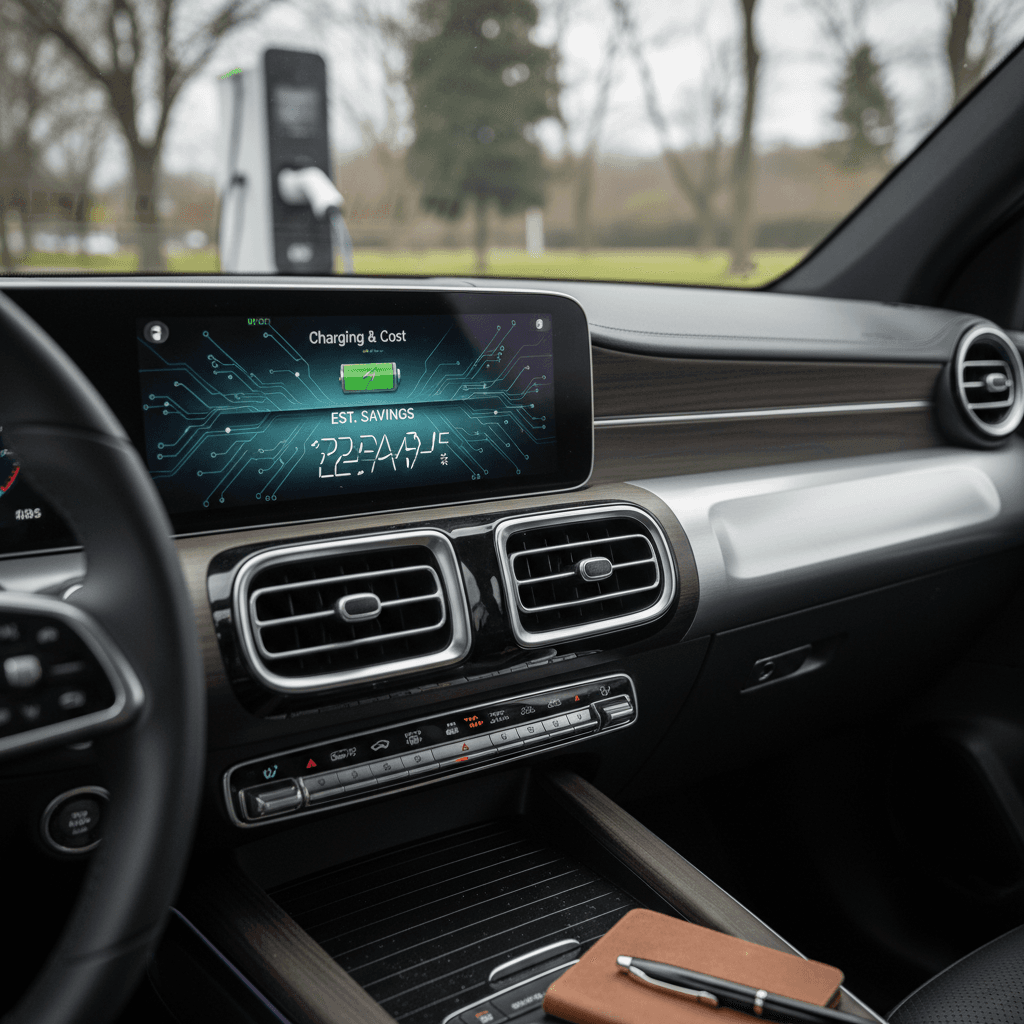 Close-up of a Mercedes EQB infotainment screen showing battery level, charging time and estimated cost while plugged in at home