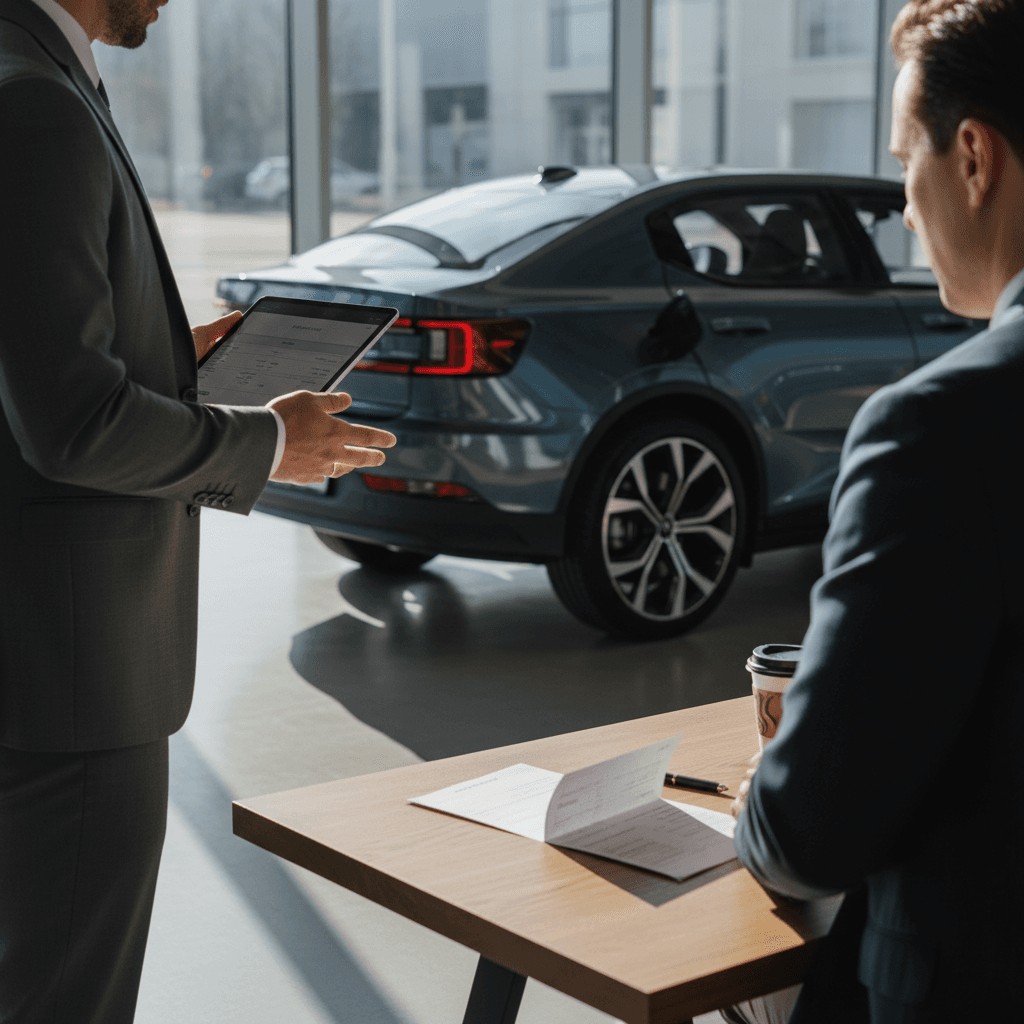Owner reviewing a 2021 Polestar 2 trade-in appraisal with a sales consultant in a showroom