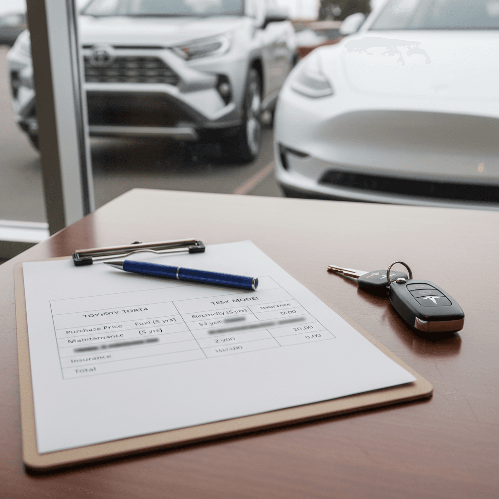 Clipboard with side‑by‑side cost comparison of Toyota RAV4 and Tesla Model Y total ownership costs next to car keys