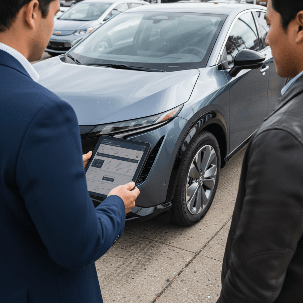 Owner reviewing a 2024 Nissan Ariya trade-in appraisal on a tablet with a salesperson in a dealership lot