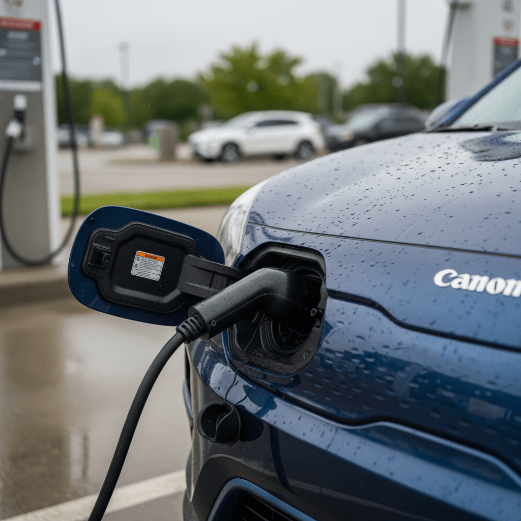 Driver plugging a 2024 Kia Niro EV into a public DC fast charger using the front-mounted CCS charge port