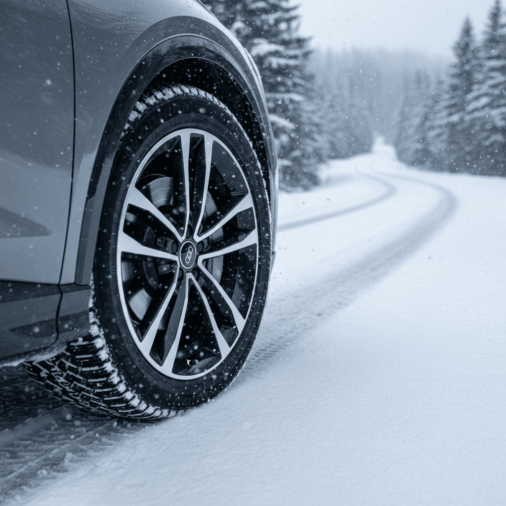 Audi Q4 e-tron quattro wheels and winter tires on a snowy residential street
