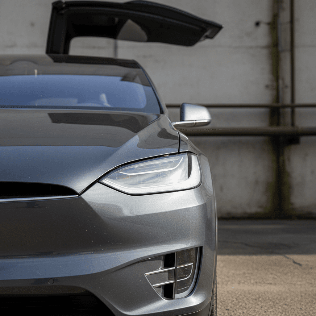 Front three-quarter view of a 2022 Tesla Model X parked with its falcon-wing door slightly open