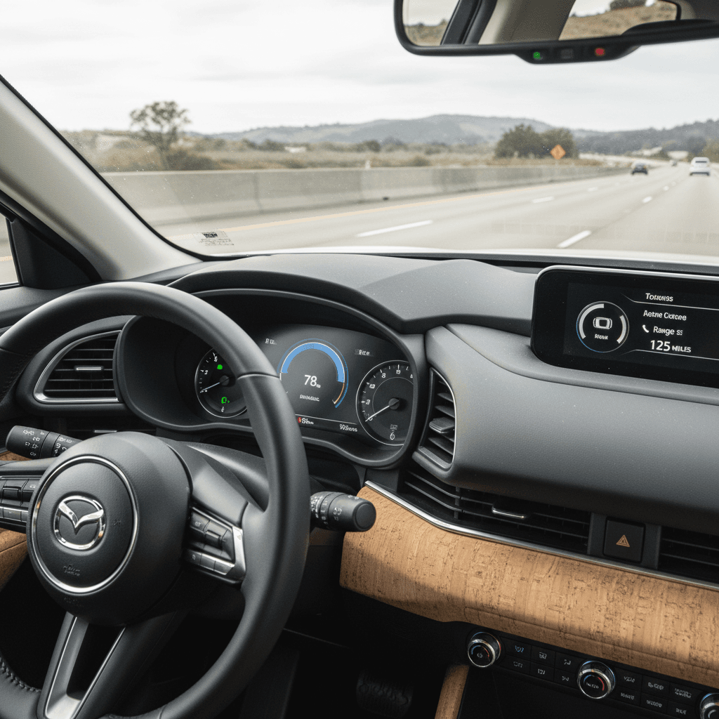 2023 Mazda MX-30 plugged into a public Level 2 charging station, dashboard range estimate visible through the window