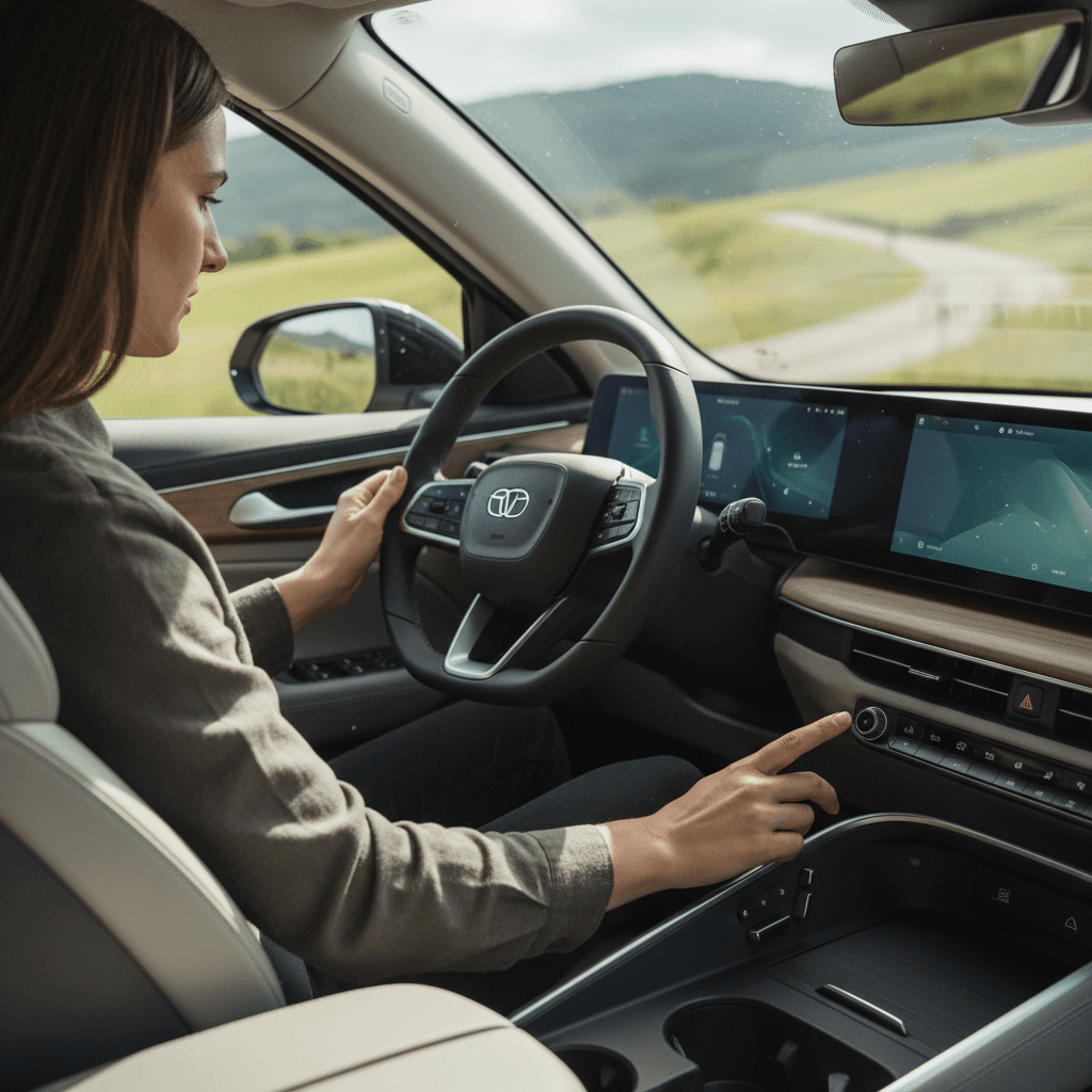 Woman adjusting driver seat and steering wheel in electric car to achieve safe and comfortable driving position