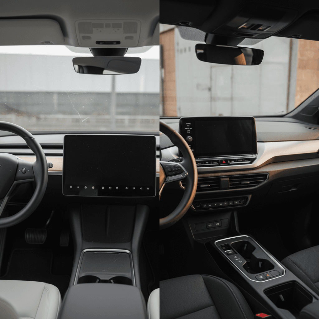 Side-by-side cockpit comparison of Tesla Model Y minimal interior and Volkswagen ID.4 with more physical controls.
