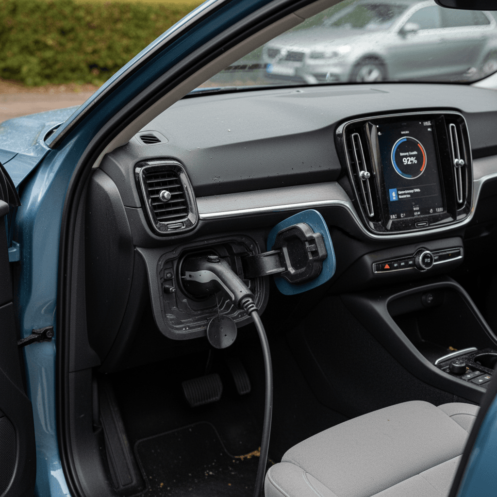 Detail of a Volvo EX40 charging port and in-car display showing battery status