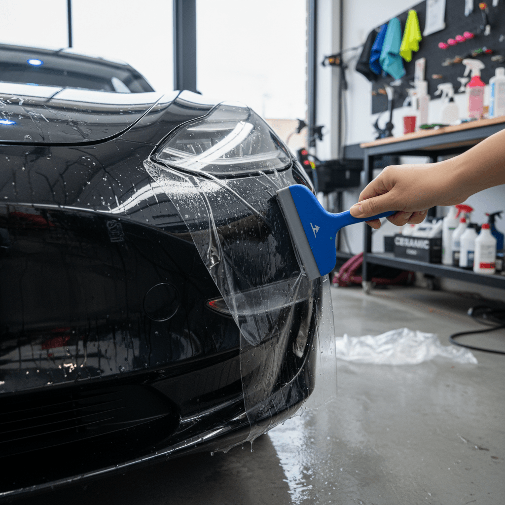 Detailer stretching clear paint protection film over a Tesla front bumper in a clean shop