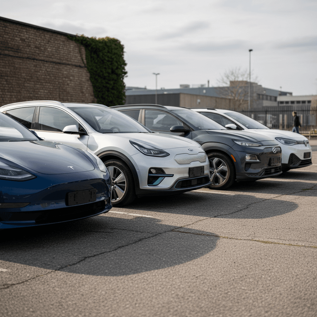 Lineup of popular used EVs including Tesla Model 3, Kia Niro EV, Hyundai Kona Electric and VW ID.4 parked together for comparison