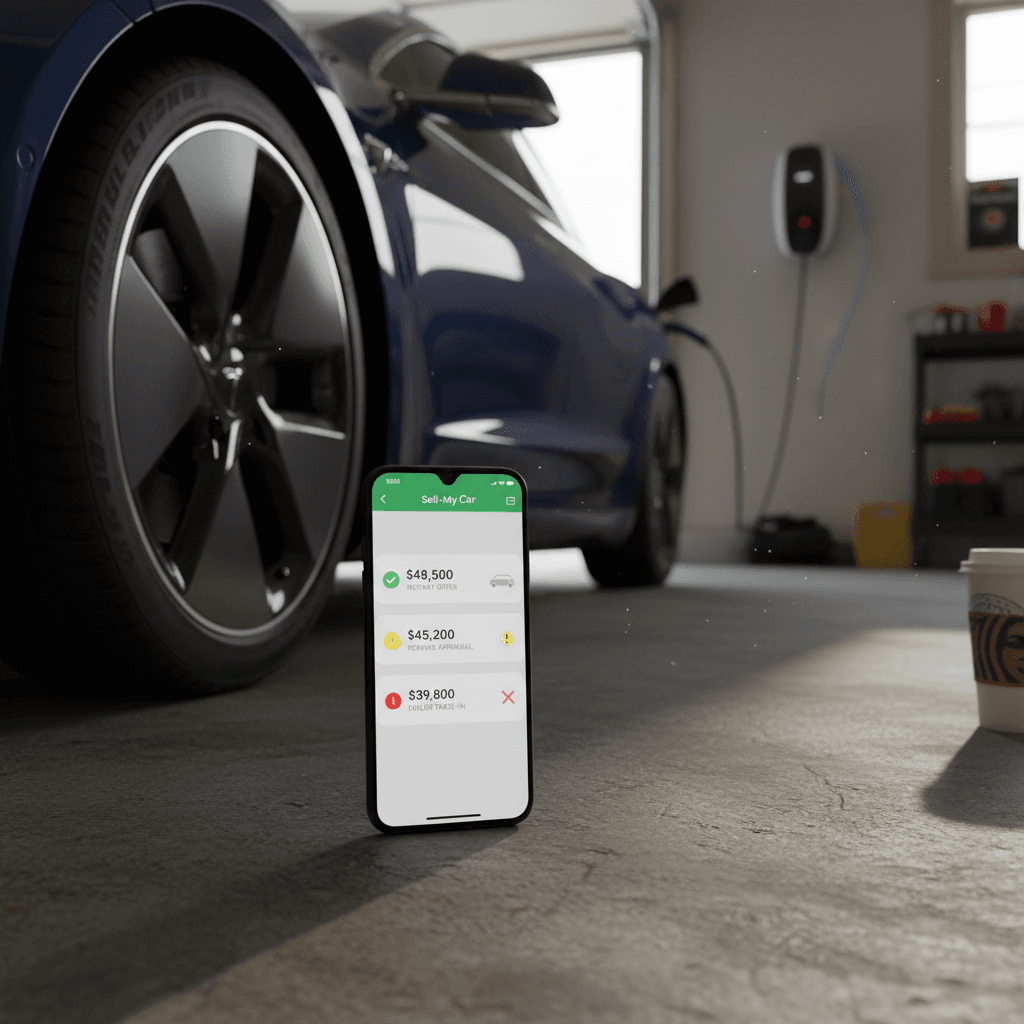 Owner using a smartphone to compare online instant offers before selling their electric car for cash