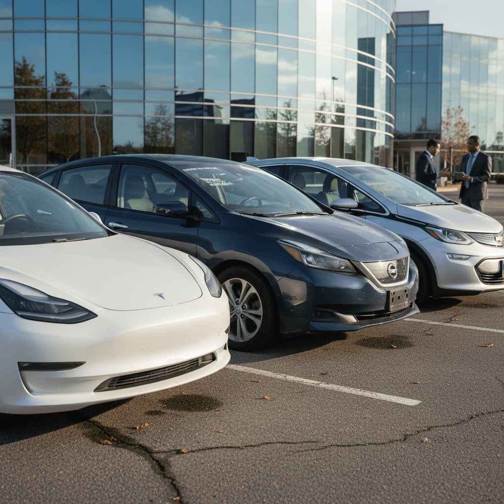 Lineup of popular used electric cars suited for salespeople parked in front of an office park